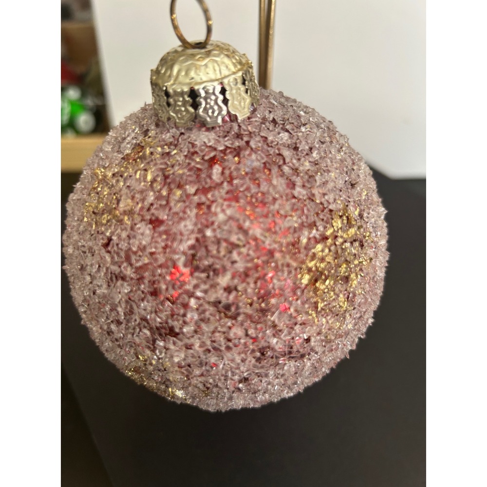 Ornament Christmas Pink Gold Glitter Crusted Beaded Round Ball Holiday Vintage